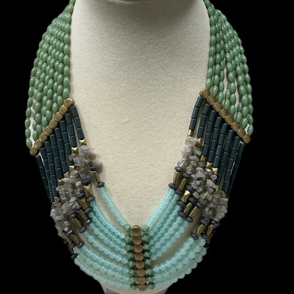 Lia Sophia Multi-Strand w Gemstones Statement Necklace – Green, Aqua & Grey Be - Picture 1 of 8